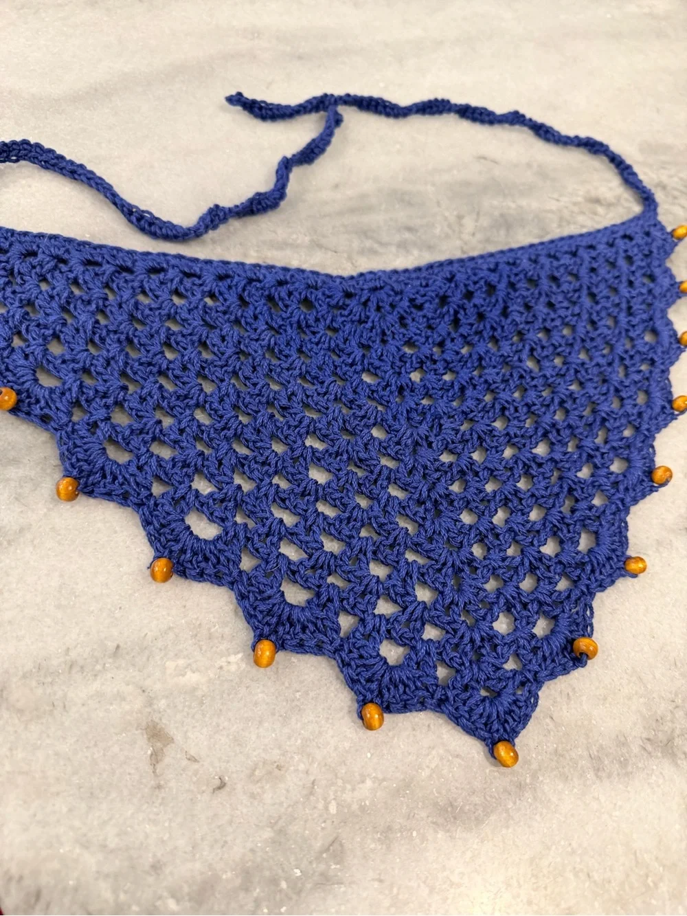Handmade Crochet Wood Beaded Kerchief Head Scarf Cotton Boho Bandana Cottagecore